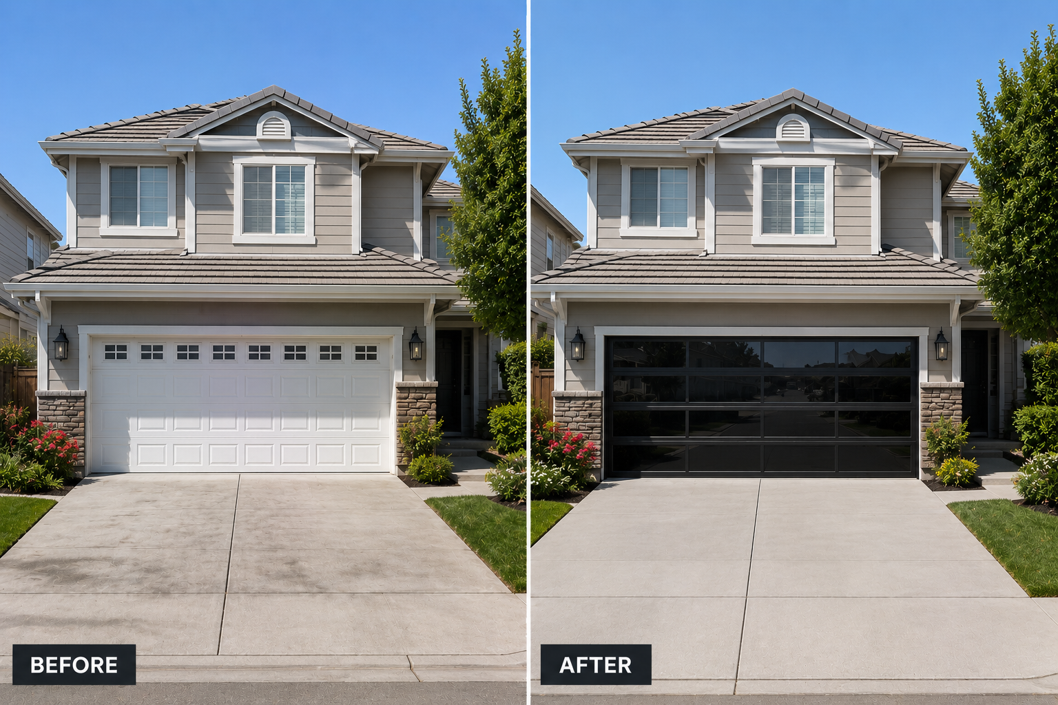 Before and after custom carriage garage door installation on a Montclair hillside home in Oakland